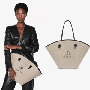 Anine Bing Large Taylin Linen Tote Bag Beige Black with Dust Bag Sold Out